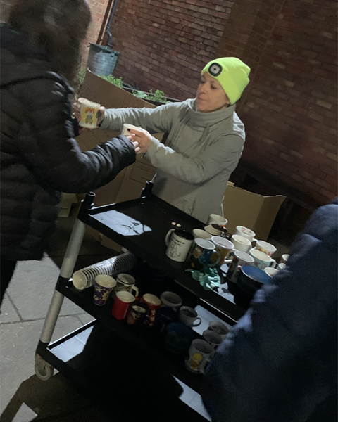 Rachel Shovelton from the Friend’s of St Christopher’s (FoSC) helps to serve the well needed soup and hot chocolate!
